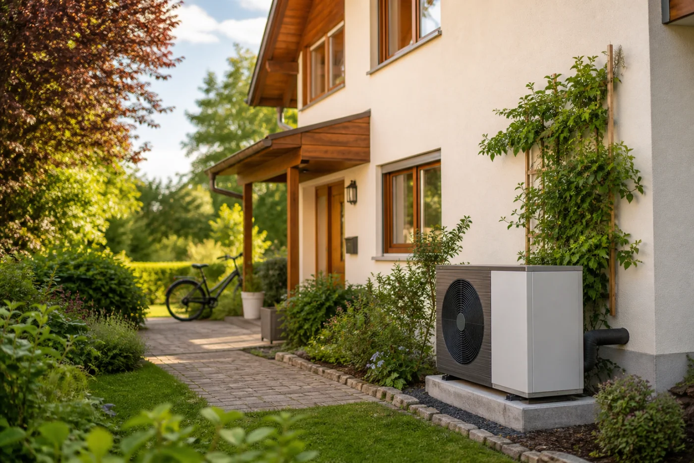 Abgeschlossene Wärmepumpeninstallation an einem Einfamilienhaus