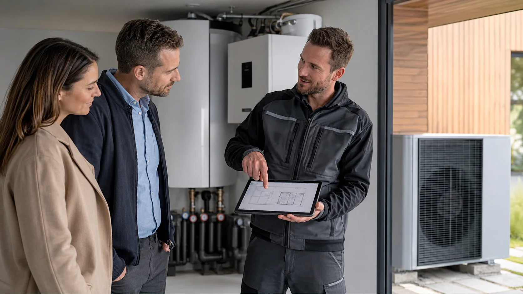 Fachpartner erklärt einem Ehepaar anhand eines Tablets die geplante Wärmepumpen-Installation