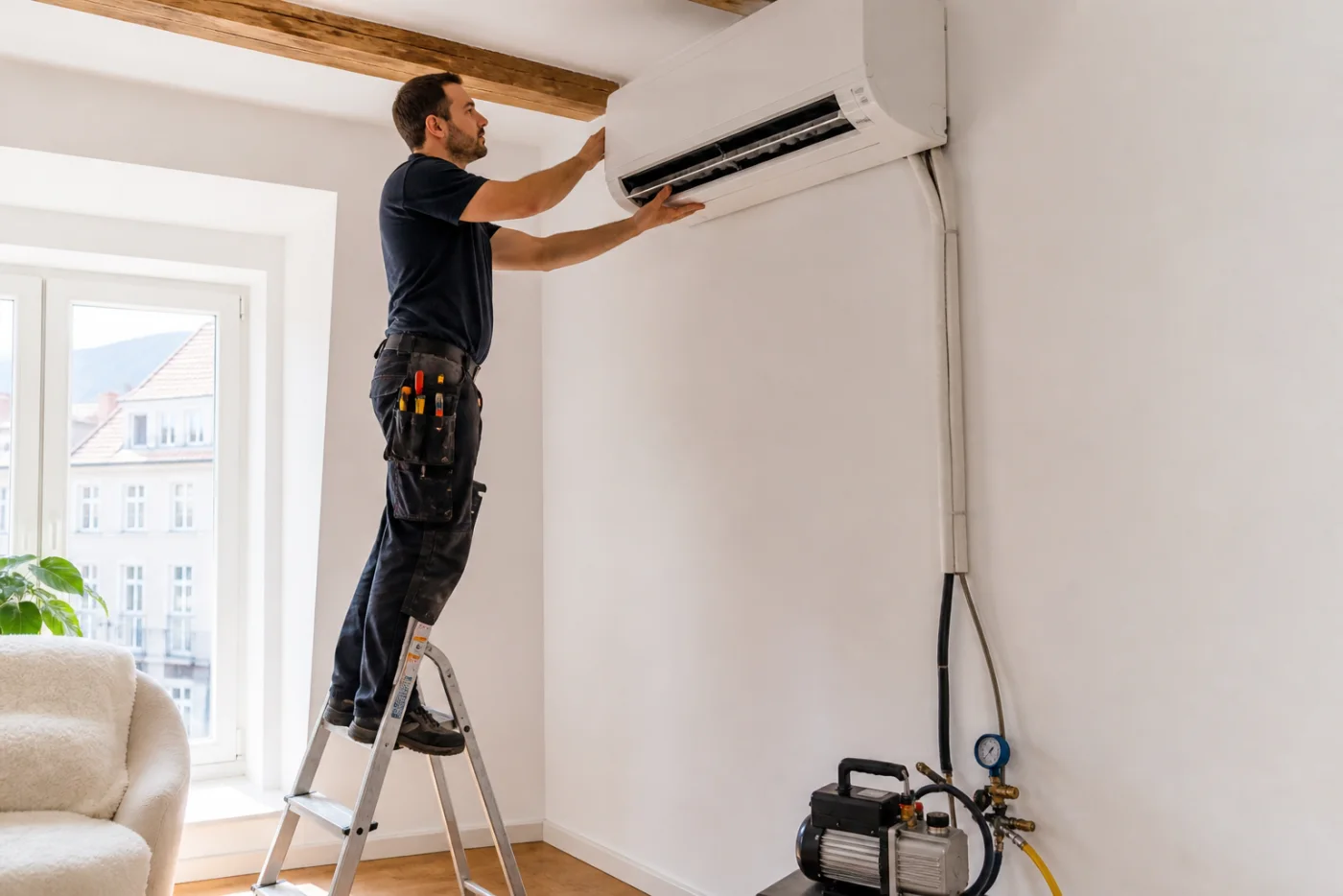 Fachhandwerker bei der Installation einer Luft-Luft-Wärmepumpe