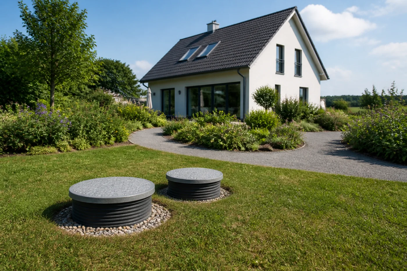 Brunnenköpfe einer Wasser-Wasser-Wärmepumpe im Garten